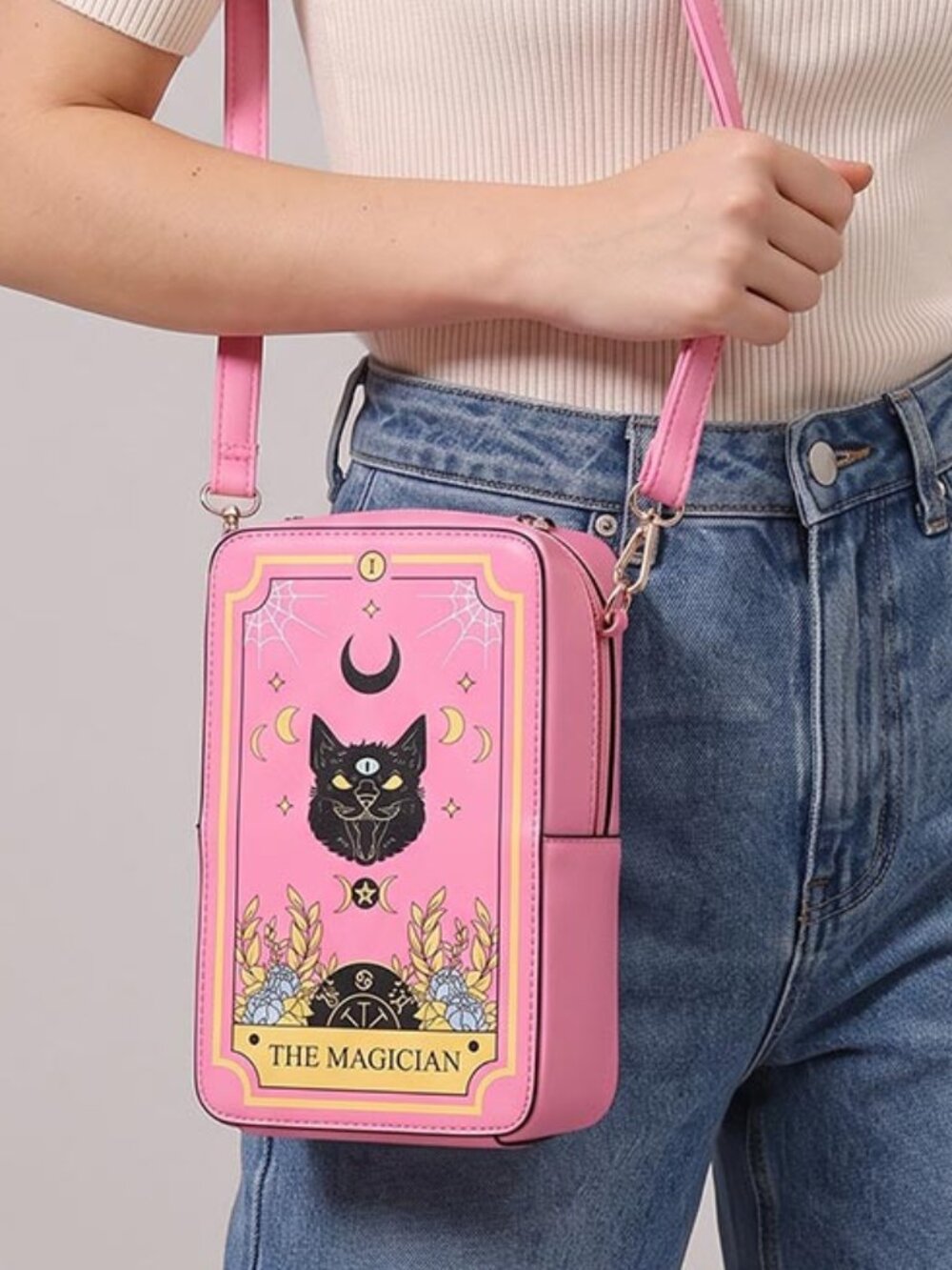 The Magician Pink Tarot Card Crossbody Vegan Leather Bag Handbag Halloween Goth